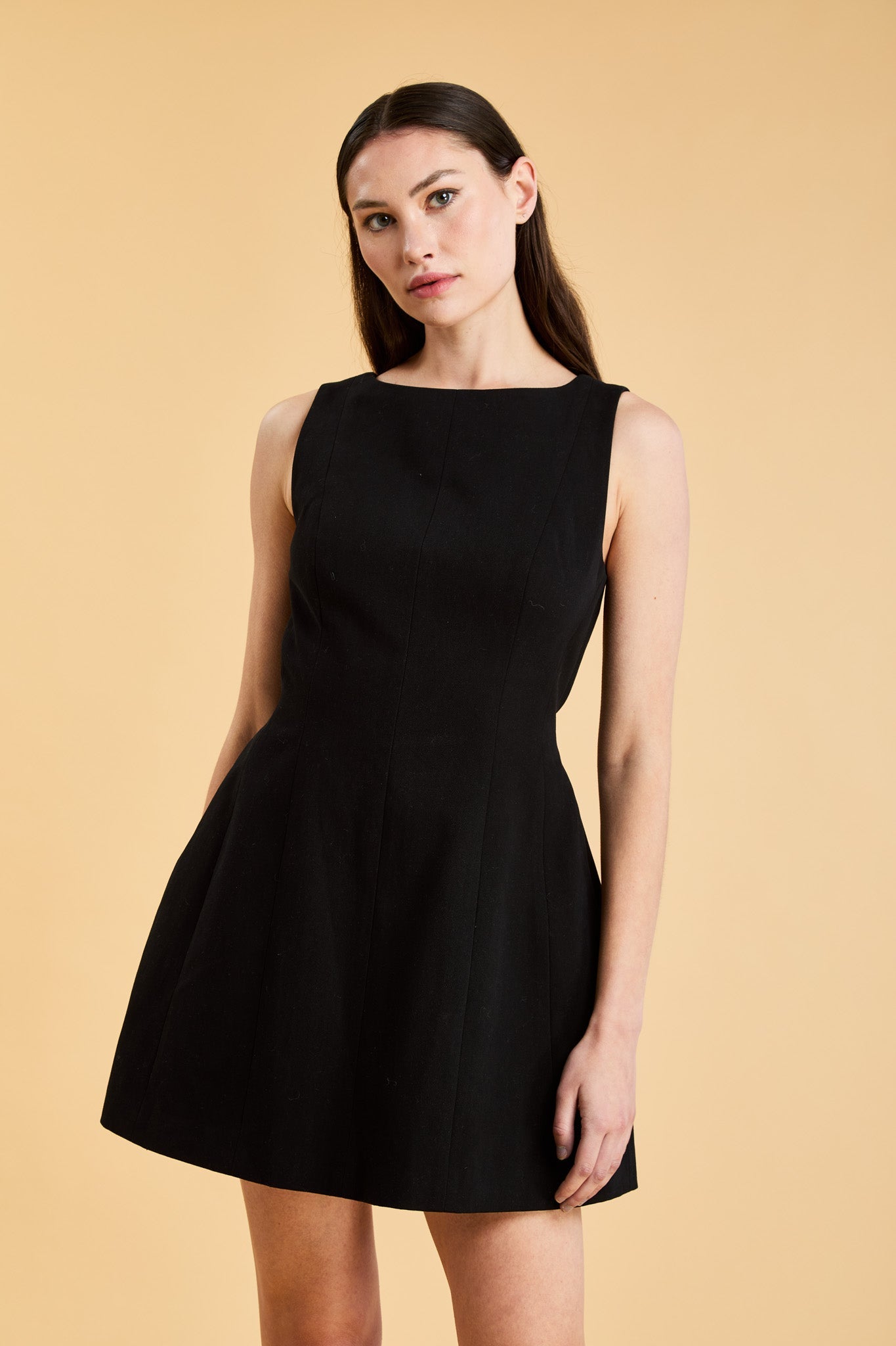 woman wearing a Black fitted a-line dress on a beige background