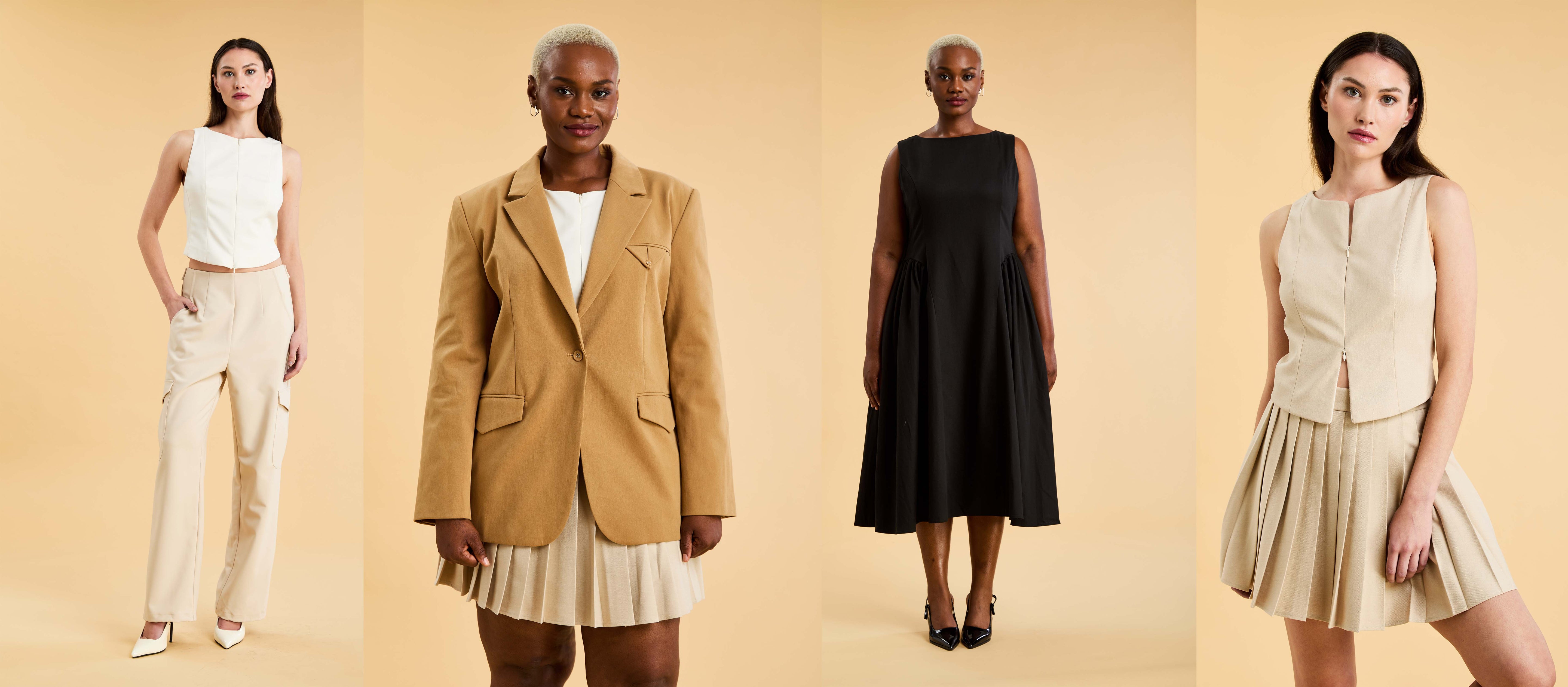 Four women modeling different outfits on a beige background