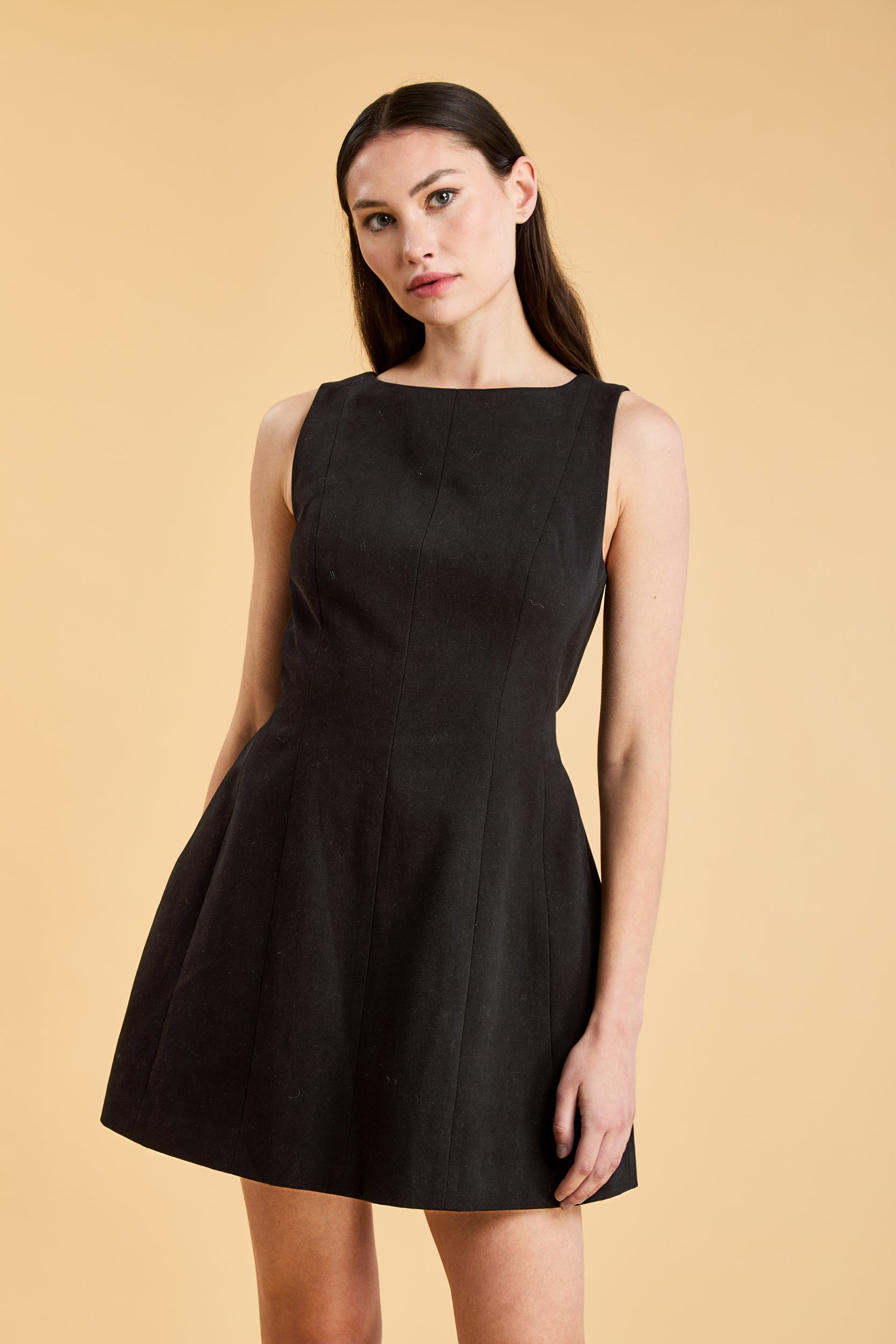 Close up front view of a woman wearing the Triplicity Louise Sleeveless Mini Dress on a beige background